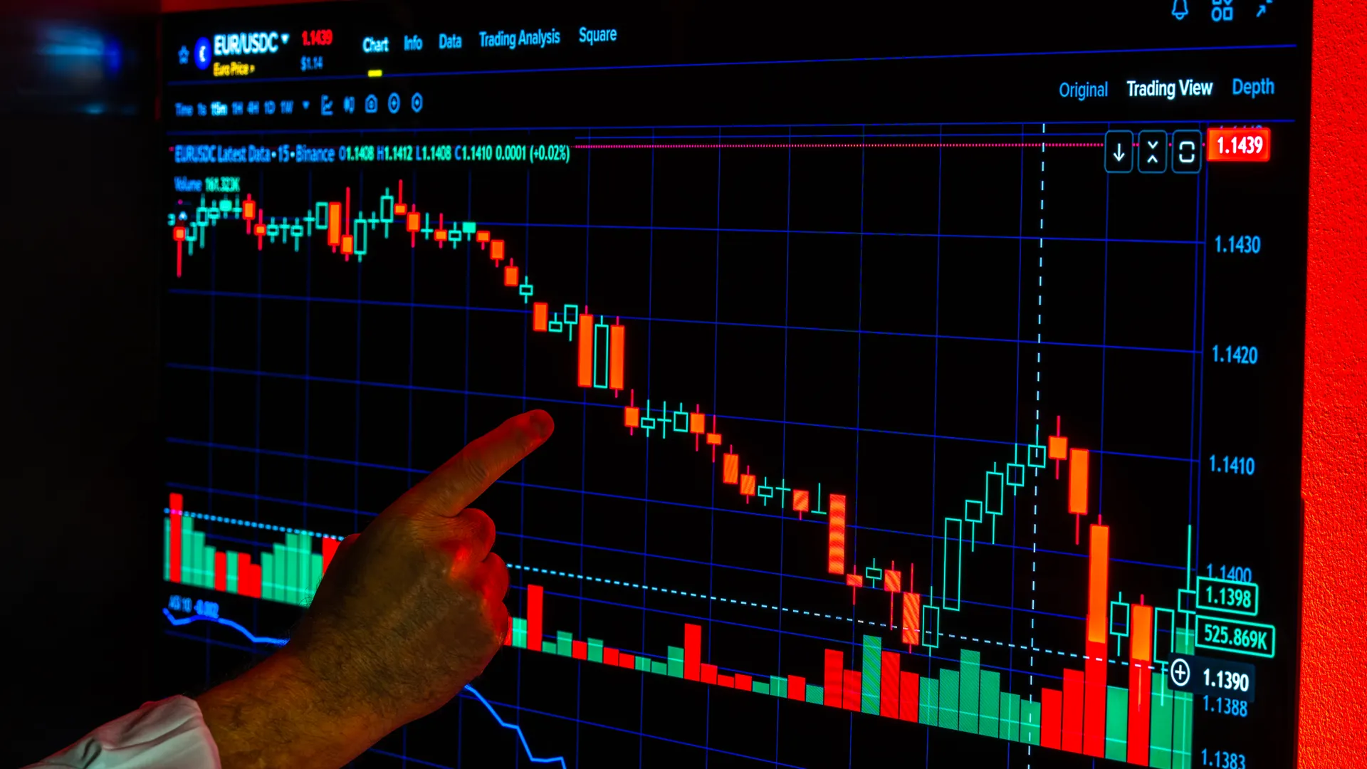Person analyzing a stock market graph displayed on a digital screen in a dark room
