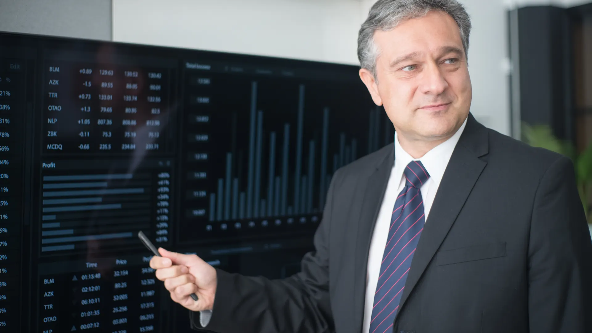 Professional man in suit reviewing financial charts on monitor, showcasing stock market trends