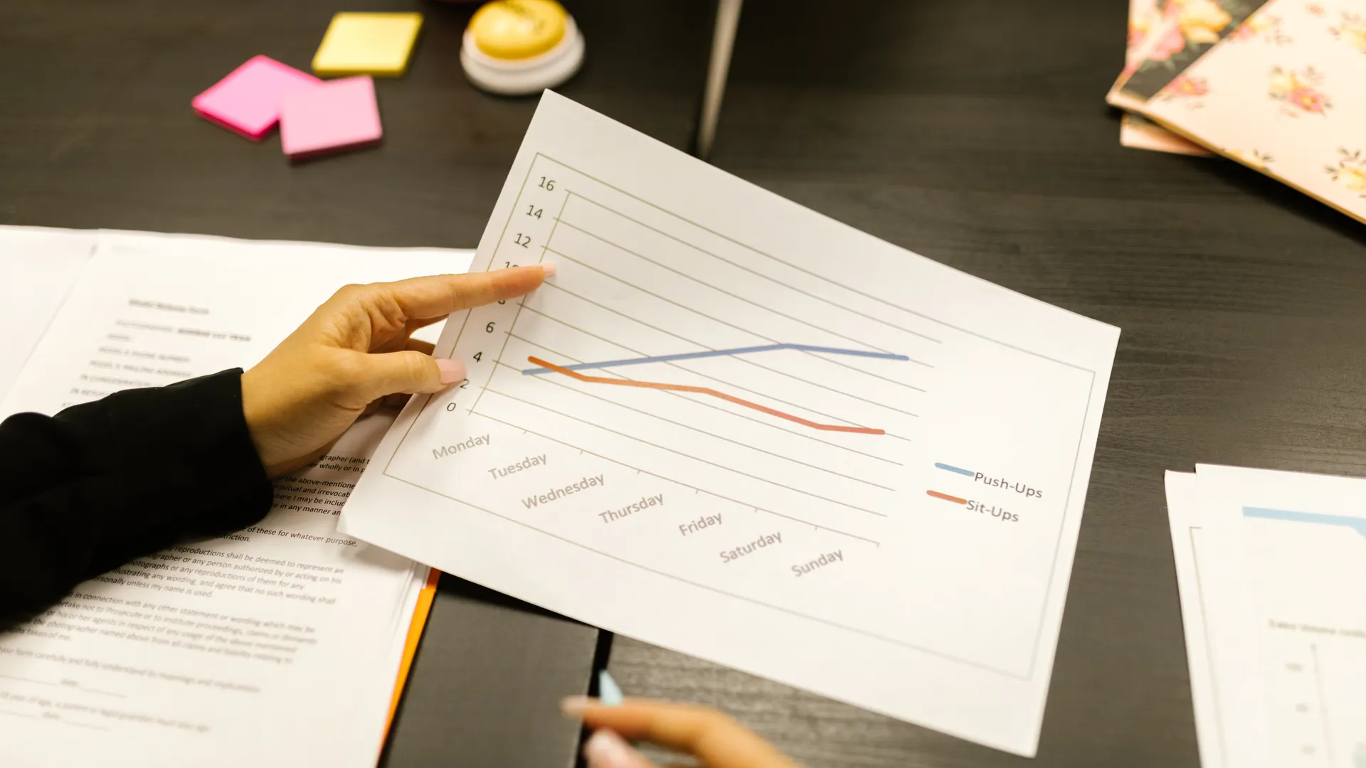 Close-up of hands analyzing a graph during an office meeting, highlighting fitness progress