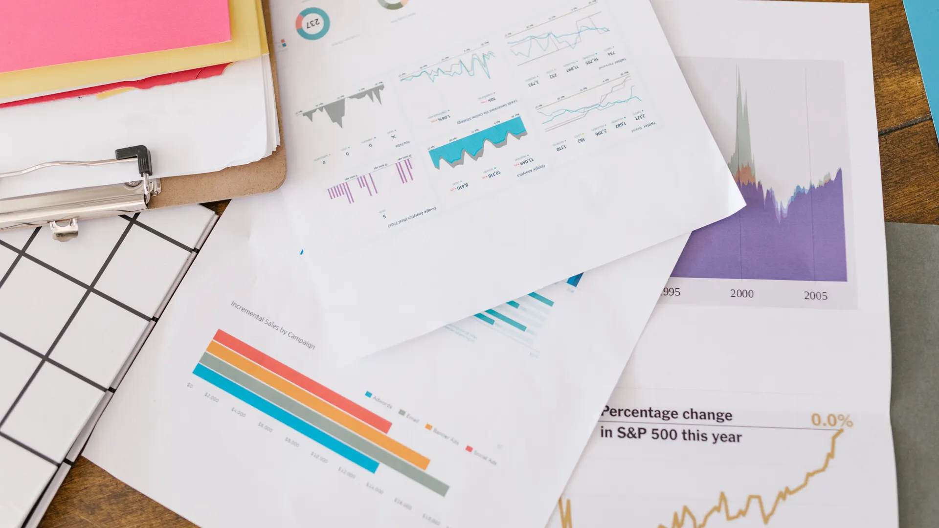 Close-up of business analytics charts and graphs on papers and clipboard