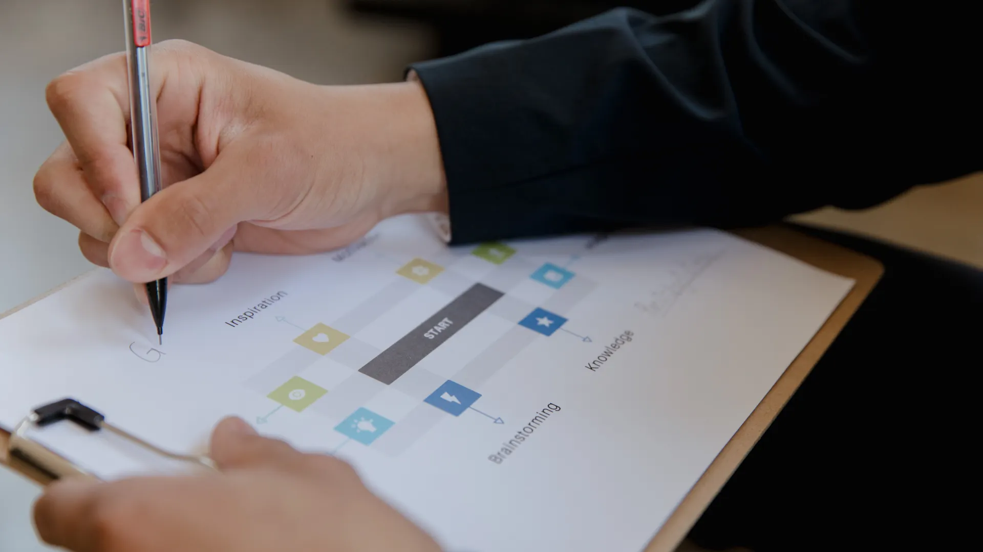 Close-up of a person writing on a business strategy document with a pen