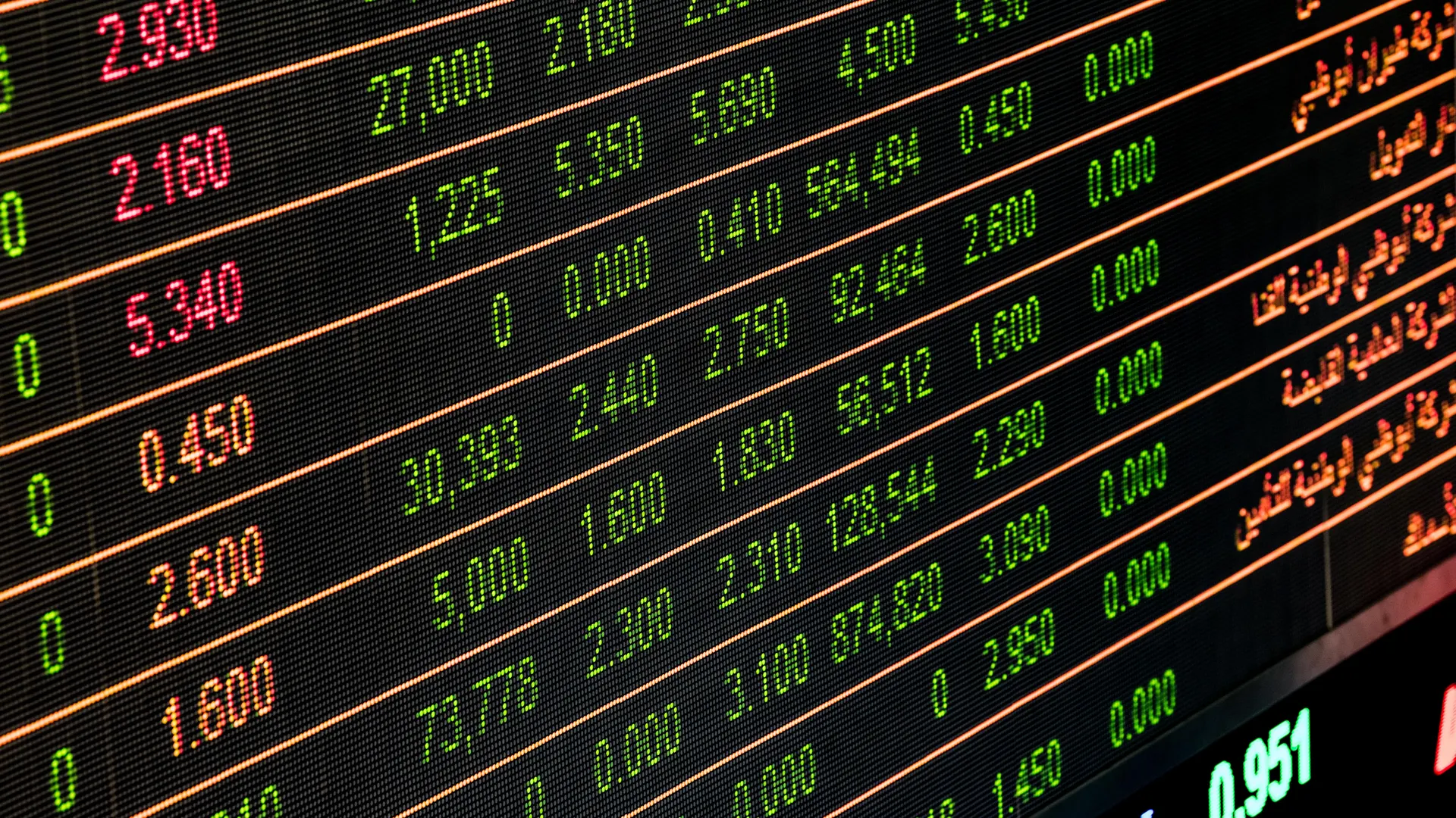 Detailed view of a stock market screen showing numbers and data, symbolizing financial trading