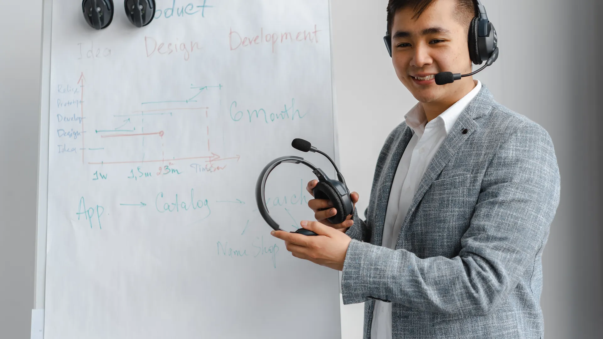 Asian man explaining a concept in a training session with a headset and flip chart
