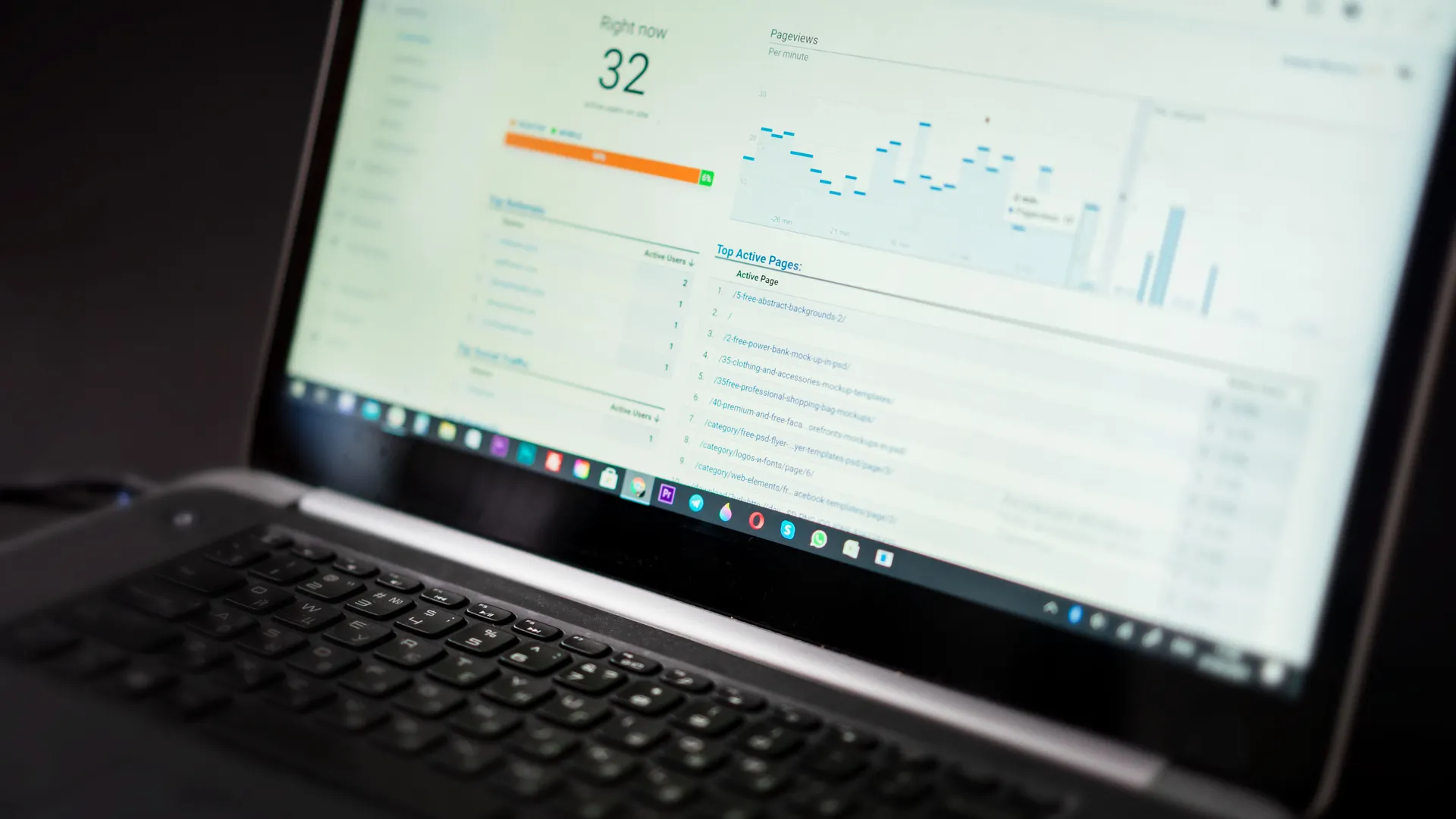 A laptop displaying an analytics dashboard with real-time data tracking and analysis tools