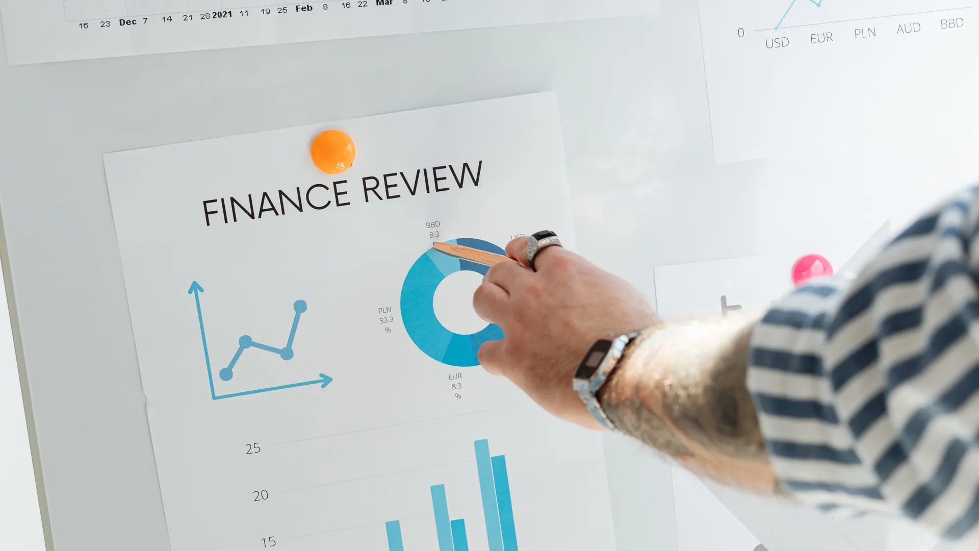 Close-up of a hand pointing to financial charts during a business review
