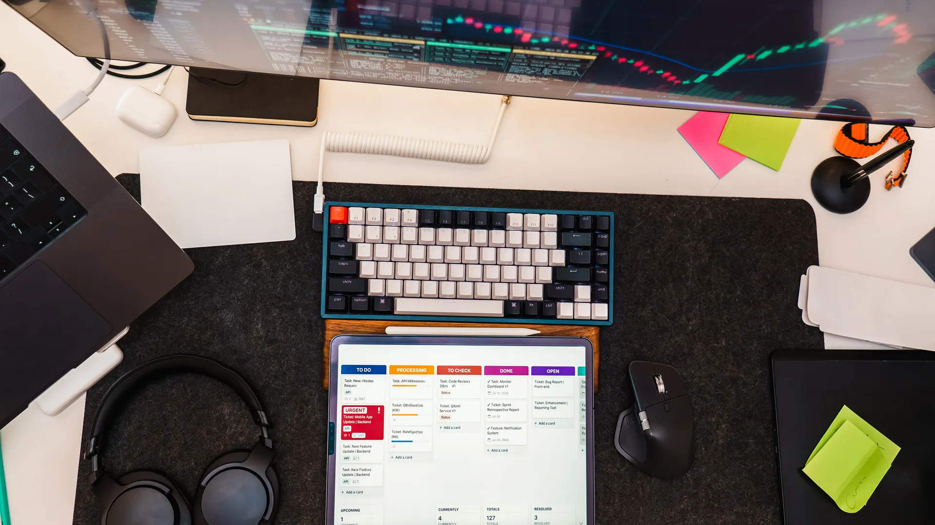 Top view of a tech workspace featuring a digital tablet