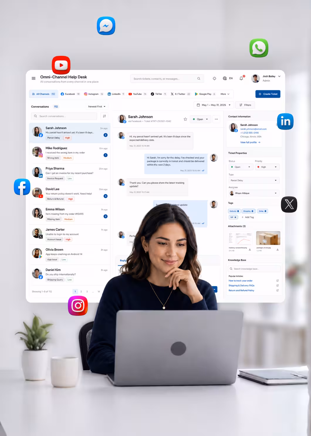 The Abacus omni-channel help desk open behind a support specialist, one unified queue drawing in Messenger, WhatsApp, LinkedIn, YouTube, Facebook, Instagram and X, with the open ticket and the customer’s full context alongside it